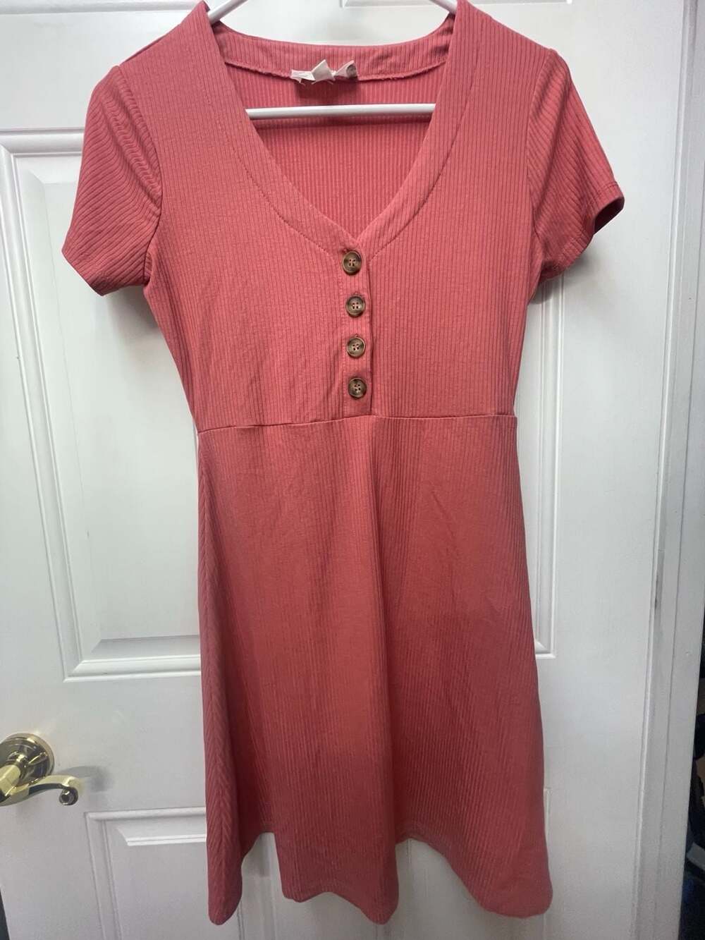 Pink Rose Ribbed Button Dress Coral Pink